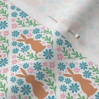 Smaller Scale Whimsical Bunny Garden Boho Blue and Pink