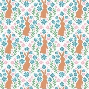 Smaller Scale Whimsical Bunny Garden Boho Blue and Pink