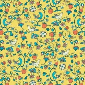 Birds and Strawberries on Yellow