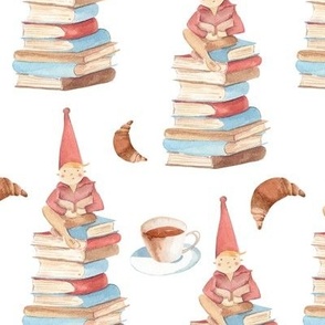 reading gnome with tea and croissant  - big size white color