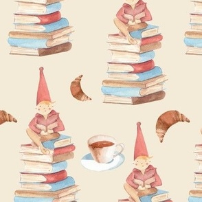 reading gnome with tea and croissant - large scale beige color