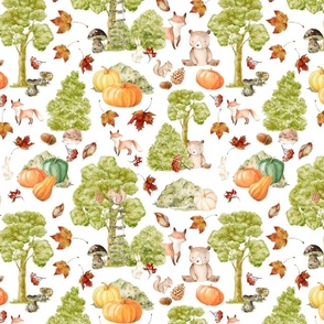 12" Woodland Animals - Baby Animal in Autumn Forest With Pumpkins neutral light background Nursery Fabric,   Baby Girl, Kids Room, Decor, Wallpaper 