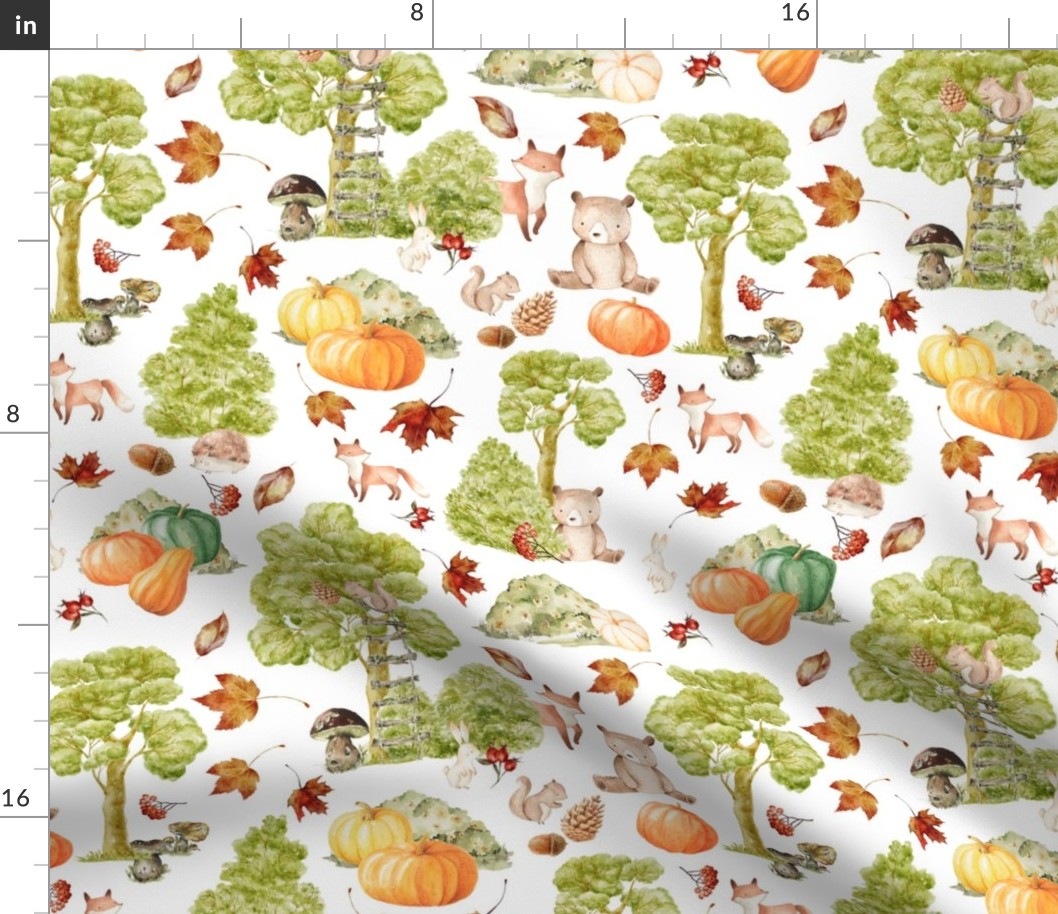 12" Woodland Animals - Baby Animal in Autumn Forest With Pumpkins neutral light background Nursery Fabric,   Baby Girl, Kids Room, Decor, Wallpaper 
