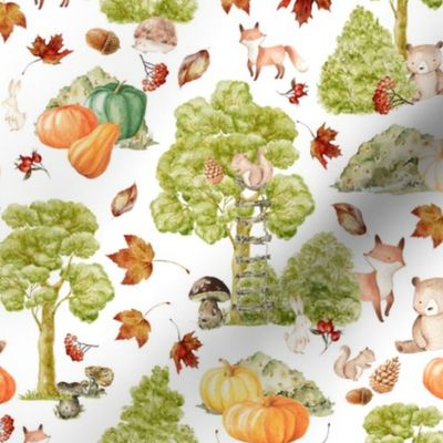 8" Woodland Animals - Baby Animal in Autumn Forest With Pumpkins neutral light background Nursery Fabric,   Baby Girl, Kids Room, Decor, Wallpaper 