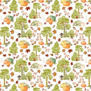 8" Woodland Animals - Baby Animal in Autumn Forest With Pumpkins neutral light background Nursery Fabric,   Baby Girl, Kids Room, Decor, Wallpaper 