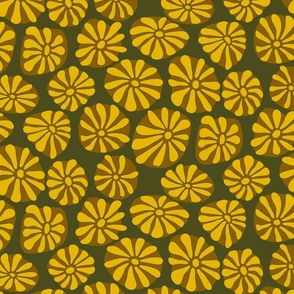 Warm Brown and Golden Yellow Groovy Daisy Print in 1960s Retro Style