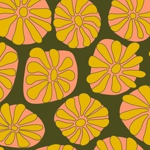 Retro Blooms in Golden Yellow on Pink and Dark Green