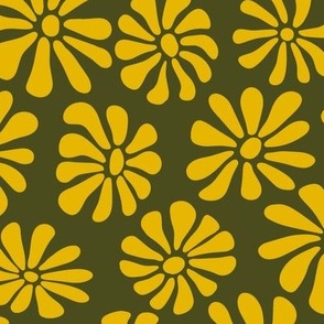 Retro Blooms in Golden Yellow on Hunter Green