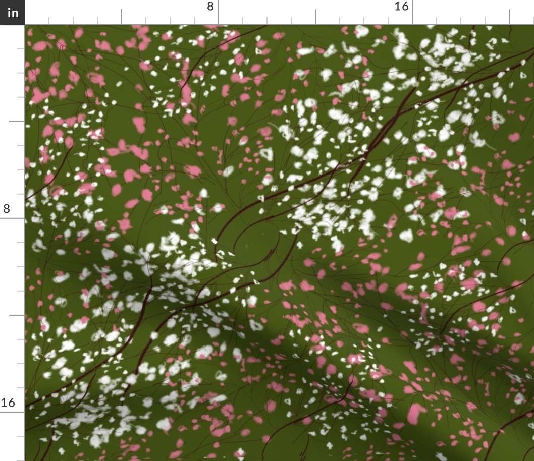 Serenade in Green: Cherry Blossoms on Dark Green - Minimalistic Brown Branches with White and Pink Flowers
