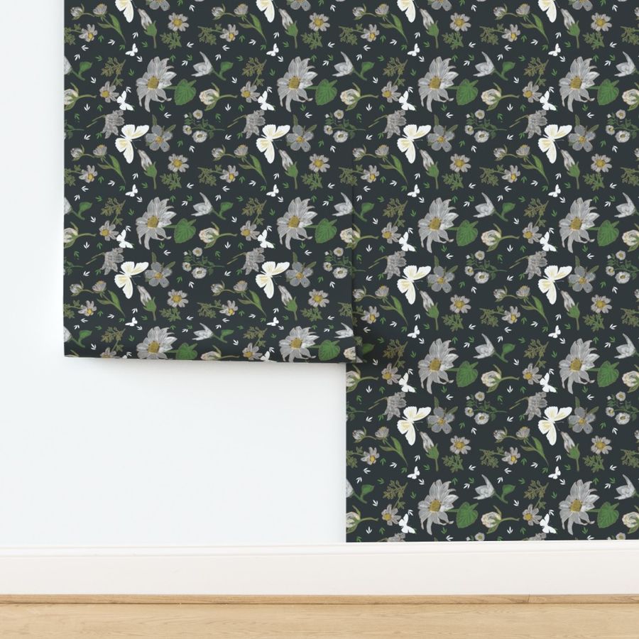 Enchanting Garden Delight: White Flowers & Butterflies on Dark Green - Whimsical Nature-inspired Textile Art