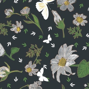 Enchanting Garden Delight: White Flowers & Butterflies on Dark Green - Whimsical Nature-inspired Textile Art