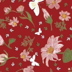 Radiant Blooms: White Flowers & Butterflies on Cheery Red - Vibrant Textile Art for Expressive Spaces