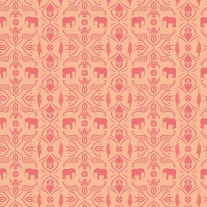 Jungle damask elephants tigers and ornaments peach orange coral - small scale