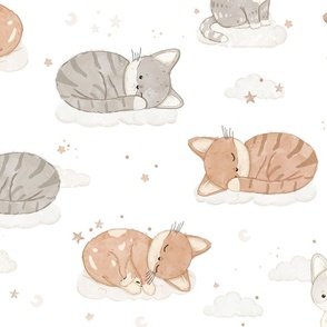 Watercolor Cats-Nursery Clouds Print-Large