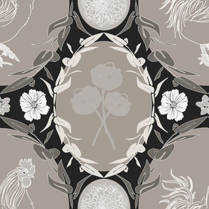 rooster with flower and leaves, taupe and gray