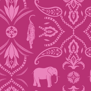 Jungle damask elephants tigers and ornaments hot pink magenta - large scale