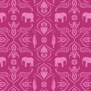 Jungle damask elephants tigers and ornaments hot pink magenta - medium scale