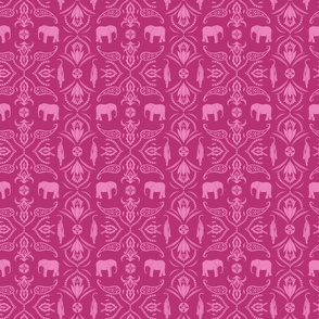 Jungle damask elephants tigers and ornaments hot pink magenta - small scale
