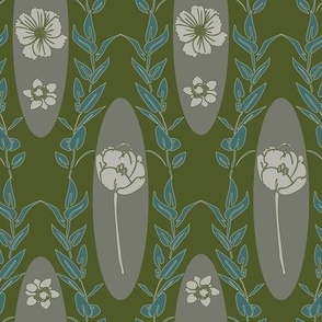 floral on green with teal leaves