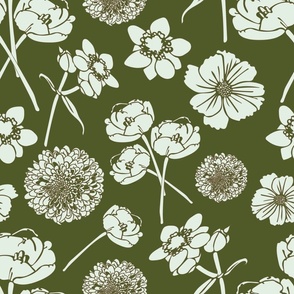 cream floral on green