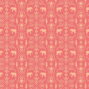 Jungle damask elephants tigers and ornaments coral orange peach - small scale