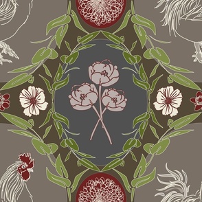 rooster with green, taupe and red