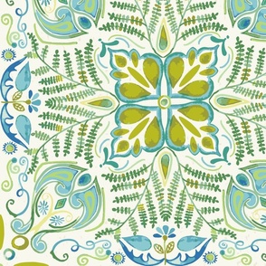leaf and floral in green and teal on cream