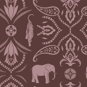 Jungle damask elephants tigers and ornaments burgundy red pink - large scale