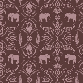 Jungle damask elephants tigers and ornaments burgundy red pink - medium scale