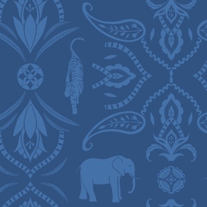 Jungle damask elephants tigers and ornaments cobalt blue - large scale