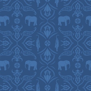 Jungle damask elephants tigers and ornaments cobalt blue - medium scale