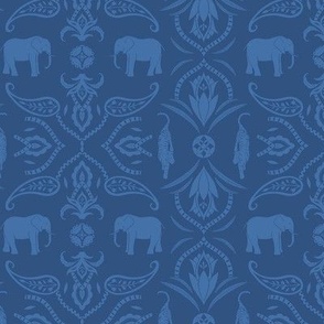 Jungle damask elephants tigers and ornaments cobalt blue - small scale
