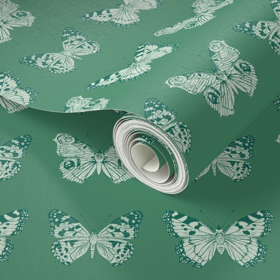 Butterfly Block print for Nature-Inspired Living Decor, Wallpaper, Bedding & Kids Room with Animals and Flora. Dark Green & Green