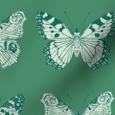 Butterfly Block print for Nature-Inspired Living Decor, Wallpaper, Bedding & Kids Room with Animals and Flora. Dark Green & Green