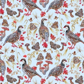 Foraging Partridges - Sky Blue - 50%