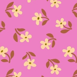 Minimal modern scattered flowers in beige and brown on hot pink - Medium scale
