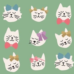 Kitty Cats with Bright Bows on Green - 2 inch