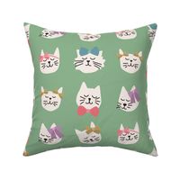 Kitty Cats with Bright Bows on Green - 3 inch