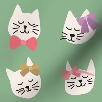 Kitty Cats with Bright Bows on Green - 3 inch