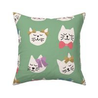 Kitty Cats with Bright Bows on Green - 4 inch