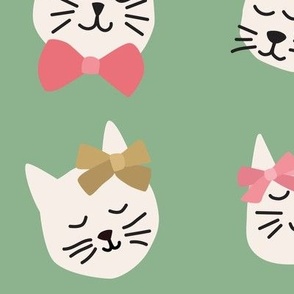Kitty Cats with Bright Bows on Green - 4 inch