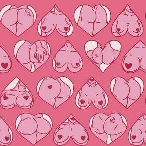 Pink, Red, & Off White Sexy Valentine's Day Pinup Girls Boobs & Butts in Hearts