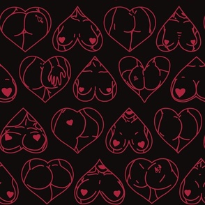 Red and Black  Valentine's Day Pinup Girls Boobs & Butts in Hearts