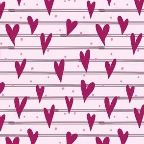 Berry red hearts on light pink, hand drawn hearts and stripes