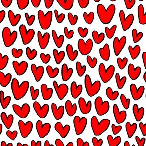 Hand drawn ink red hearts on white background