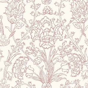 Traditional Turkish Trailing Floral With Baroque Block Print Impression on Creme White