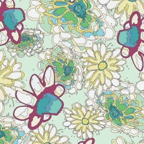 zinnia print in green and blue