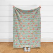 floral stripe, peach and coral with blue background