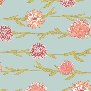 floral stripe, peach and coral with blue background
