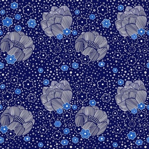 Peonies and cherry blossom flowers blue and white pattern